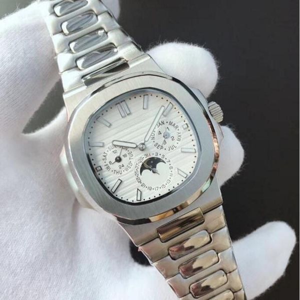 

4 colors watches mechanical automatic men watch moon phase 24h stainless steel all functions 40.5mm, Slivery;brown