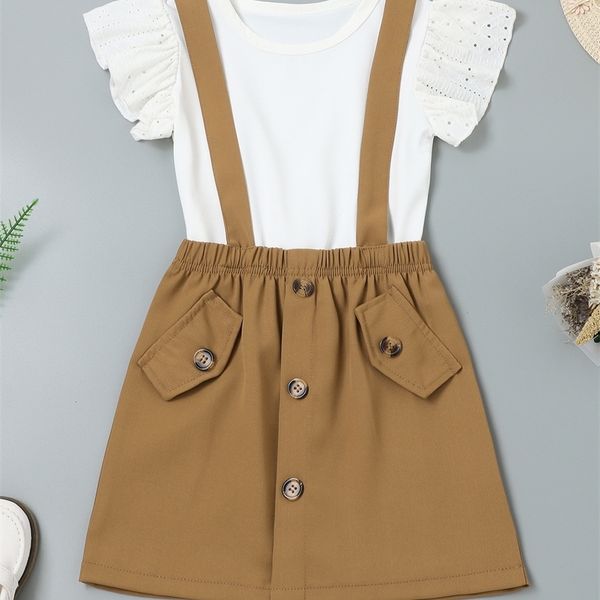 

toddler girls ruffle sleeve tee & fake button pinafore skirt she07, White