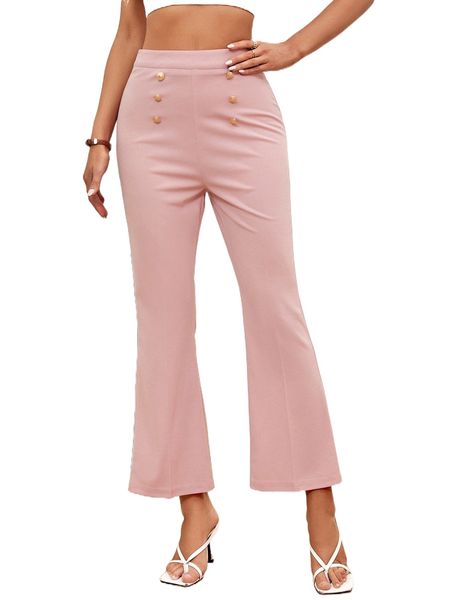 

solid fake button flare leg pants 32yw#, Black;white