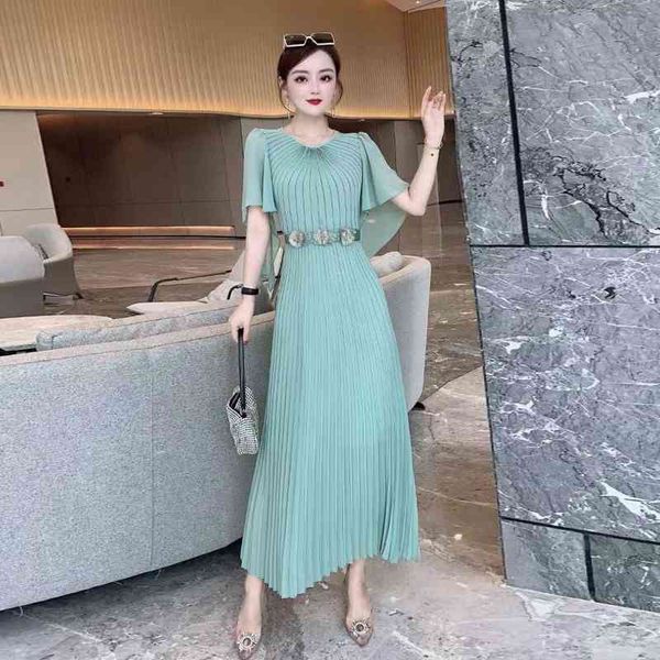 

casual dresses summer shenzhen nanyou women's round neck waist ray crimping fly sleeve dress long skirt with flower belt, Black;gray