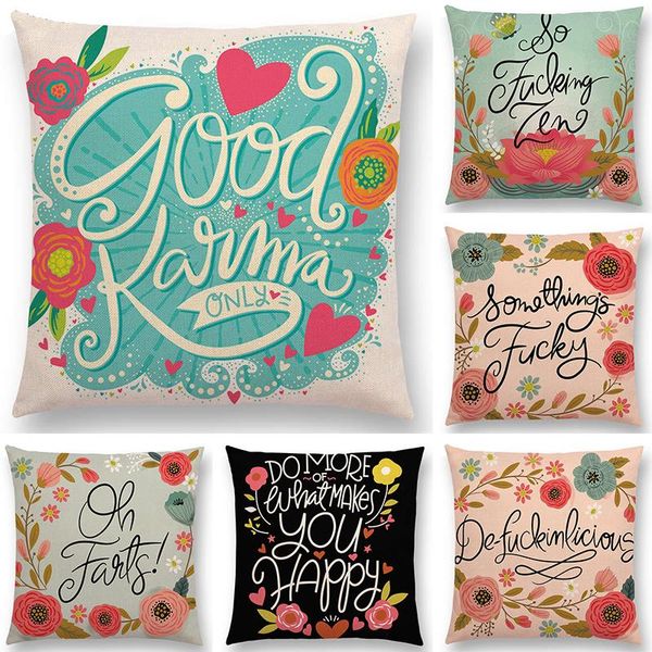 Cushion/travesseiro decorativo Folha de flores letras decorativas palavras engraçadas