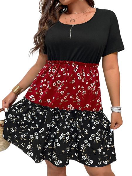 

plus colorblock & floral frill ruffle hem dress x13g#, Black
