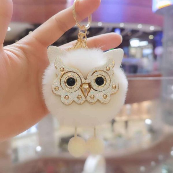 

cute cartoon owl faux rabbit fur keychain women trinkets suspension bags car key chain key ring toy gifts jewelry pendants, Silver