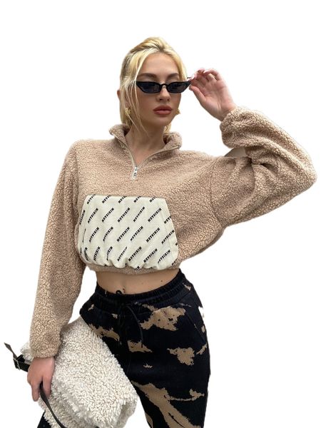 

meysi kim letter graphic kangaroo pocket teddy crop pullover l9r6#, Black