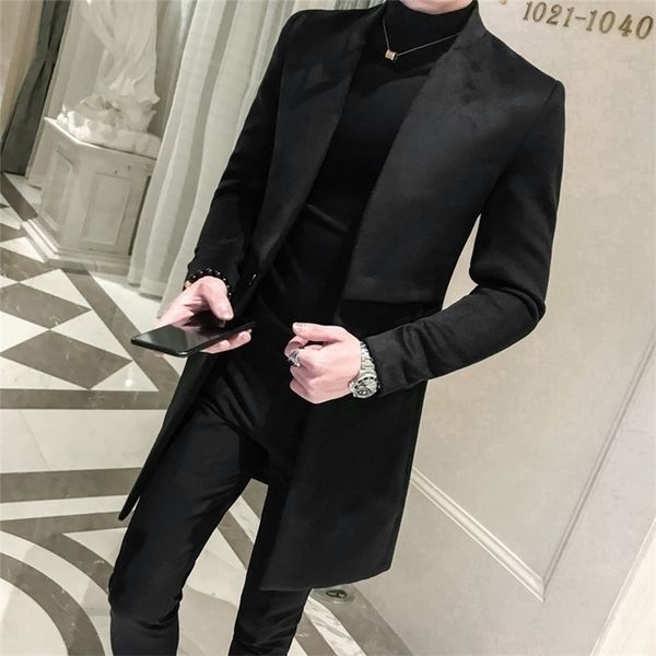 

woolen overcoat male long windbreaker loose coat long blazer men vintage retro slim fit blazer hombre casual designer blazer 201104, White;black