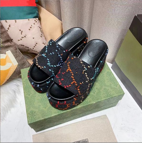 

women paris slippers designer wedge pattern embroidery letters beach casual slides flip flops ladies platform thick bottom increase non-slip, Black