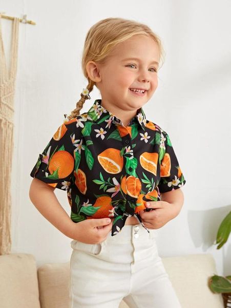 

little girl flower and fruit pattern shirt she, White;black