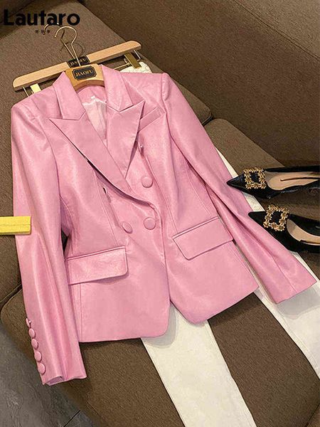 

lautaro spring stylish short pink soft pu leather blazer long sleeve slim fit luxury jackets for women 2022 elegant fashion 5xl l220728, Black