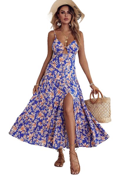 

floral print cut out split thigh ruffle hem cami dress q3ga#, Black;gray