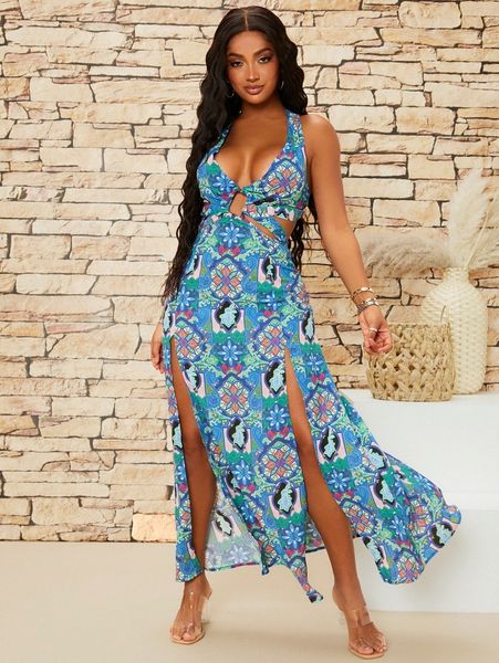 

sxy criss cross tie back cut out floral print split thigh dress h5a5#, Black;gray