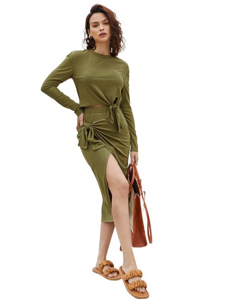 

solid knot detail & wrap skirt set o9zg#, White