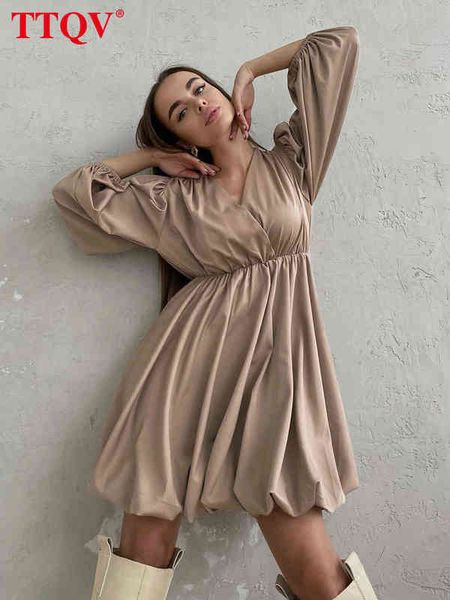 

ttqv fashion v-neck khaki mini dress ladies long sleeve high waist pleated dress elegant a-line dresses for women 2022 t220804, Black;gray