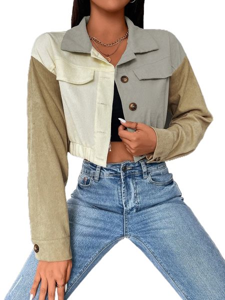 

color block drop shoulder flap detail corduroy jacket j1vg#, Black;brown