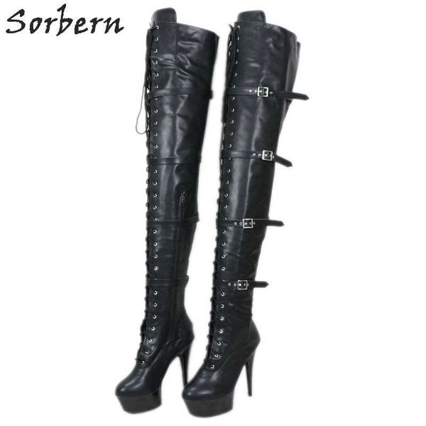 

sorbern matt black thigh high women boots 15cm 20cm stripper heels platform strap buckles boots custom wide calf slim legs shoes
