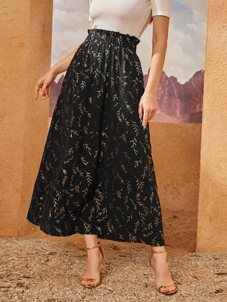 

allover plants print paperbag skirt 34ls#, Black