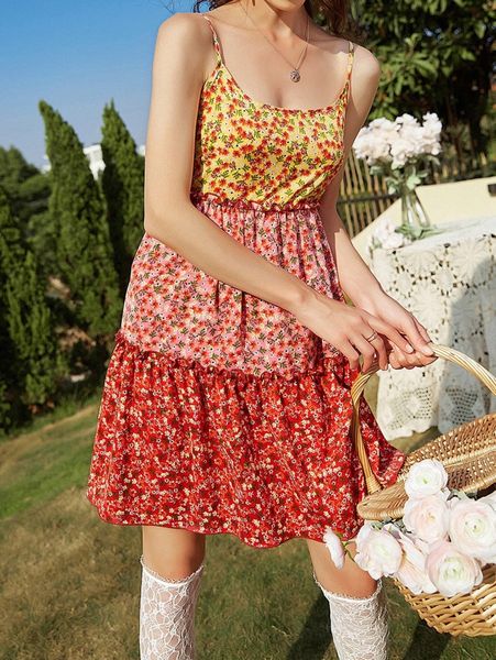 

ditsy floral print lettuce trim cami dress c0ux#, Black;gray