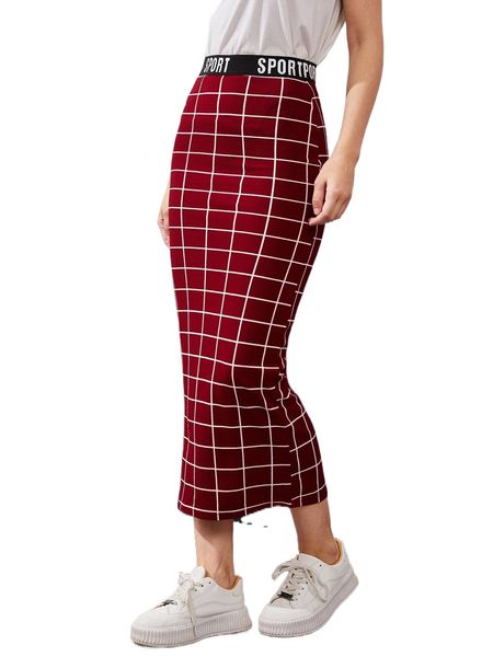

letter waist grid pencil skirt q9ae#, Black