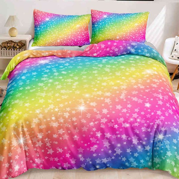 Set copripiumino arcobaleno per ragazze Star Bedding Girly Glitter Double Queen King Size Trapunta morbida e confortevole