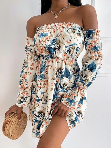 

sxy floral print off shoulder gathered sleeve dress z5jr#, Black;gray