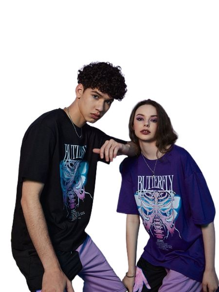 

romwe letter skull & butterfly graphic oversized tee v1jl#, White;black