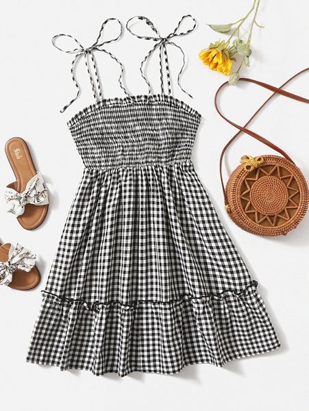 

gingham shirred knot detail cami dress 58tt#, Black;gray