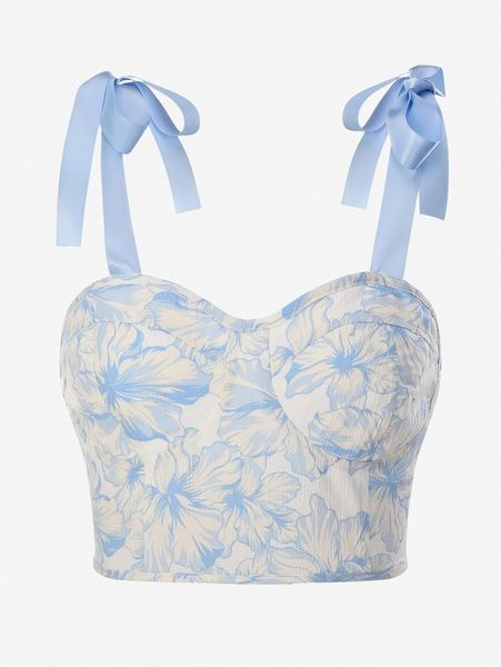 

floral print tie shoulder shirred back bustier cami 84w0#, White