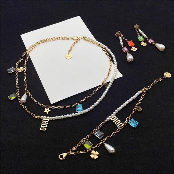 

color double layer necklace simple old star pearl clover jewelry, Black