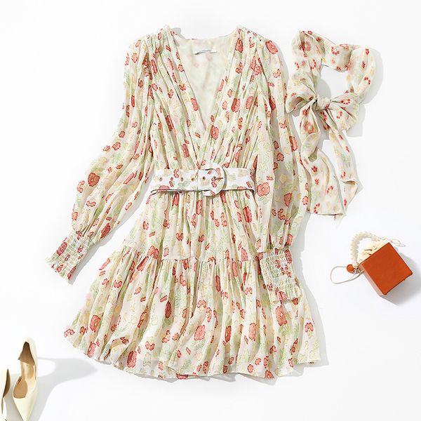 

casual dresses fairy holiday silk dress v-neck waist slim celebrity gold floral short skirt yhzi, Black;gray
