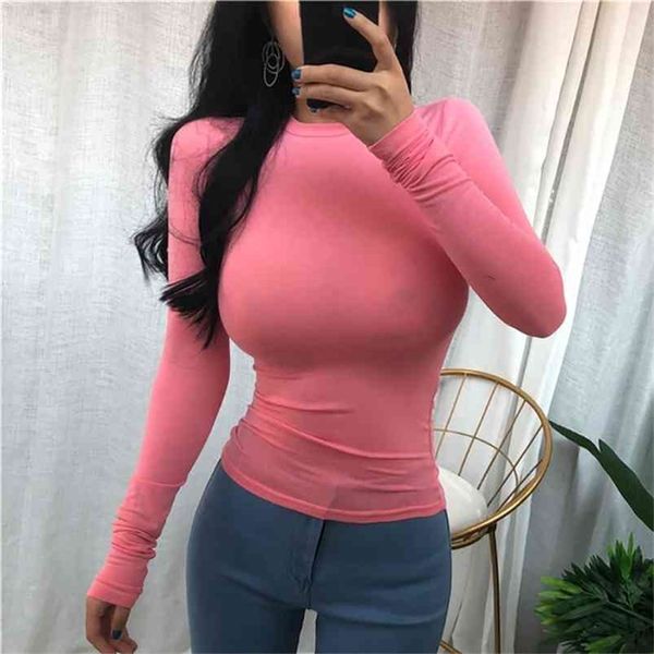 

thin summer t shirt women elasticity tshirt korean style woman clothes slim tshirt female casual long sleeve 210719, White