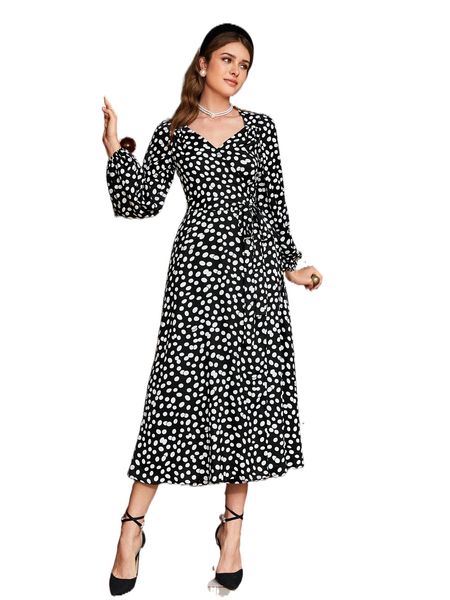 

allover print sweetheart neck lantern sleeve belted dress t18o#, Black;gray