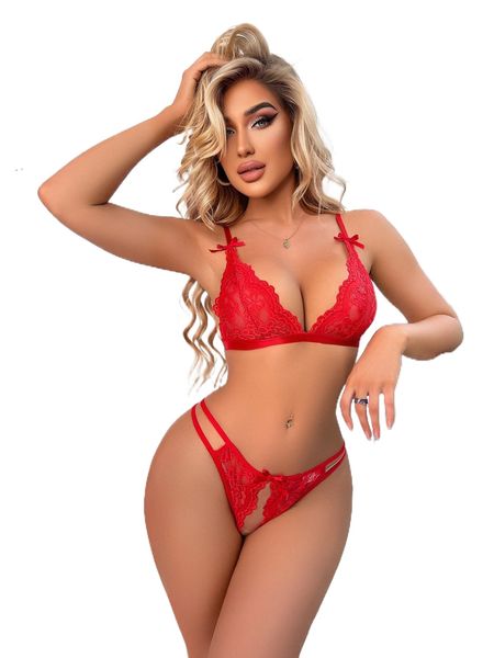 

bow front crotchless lace lingerie set d4iu#, Black;red