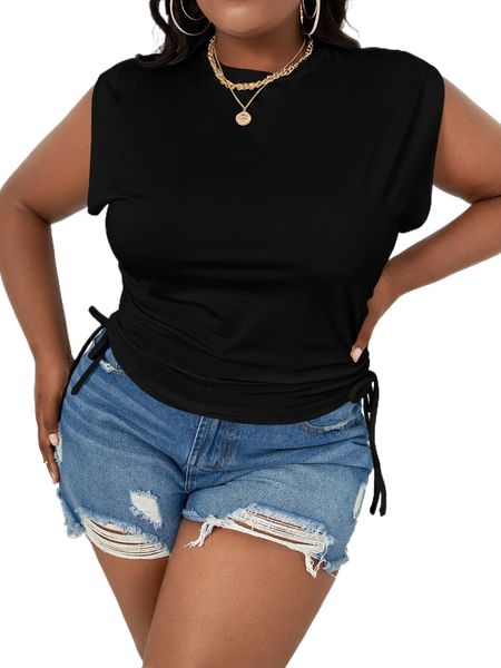 

plus drawstring ruched side tank r96d#, Black