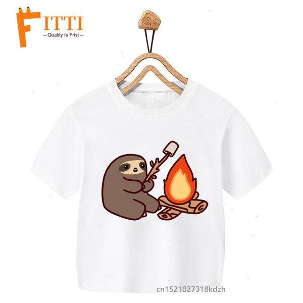 

campfire sloth print boys girls white t-shirt kid summer kawaii funny clothes little baby animal y2k drop ship, Blue