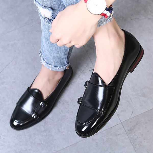 

luxury new fashion designer men pointed two tone mix monk strap wedding shoes flats casual loafer dress sapatos tenis masculino, Black