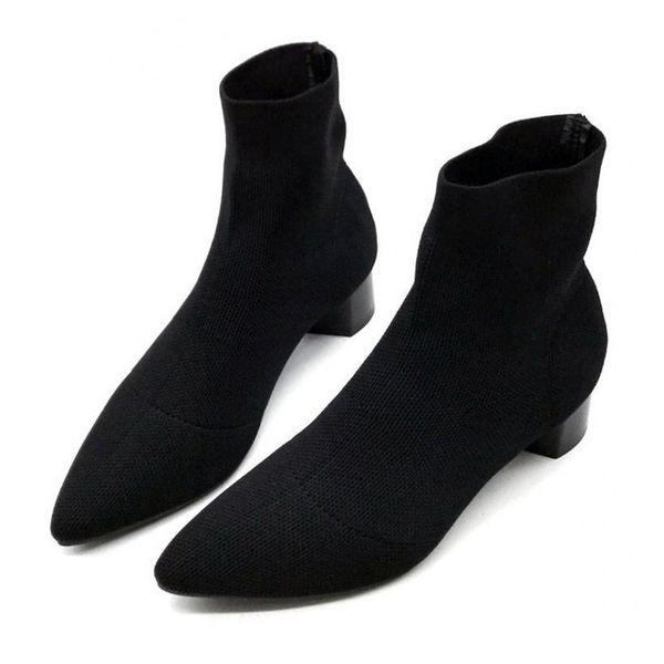 

womens boots pointed toe yarn elastic ankle boots thick med heels shoes woman female socks boots autumn q00253 201031, Black