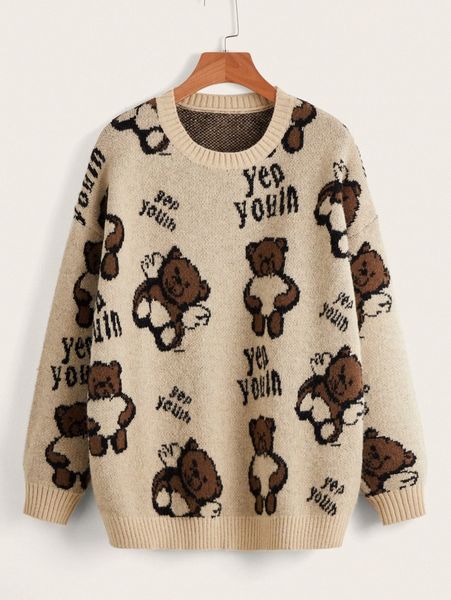 

drop shoulder cartoon & letter pattern sweater m2io#, White;black