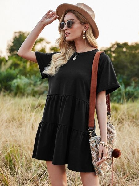 

rolled cuff ruffle hem babydoll dress g7qt#, Black;gray
