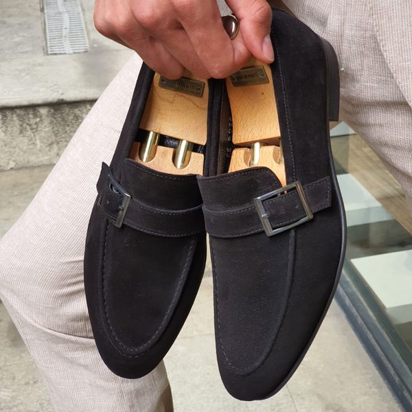 

Men Elegant Loafers Solid Color Faux Suede Square Toe Low Heel Retro Square Buckle Fashion Business Casual Daily Dress Shoes, Clear