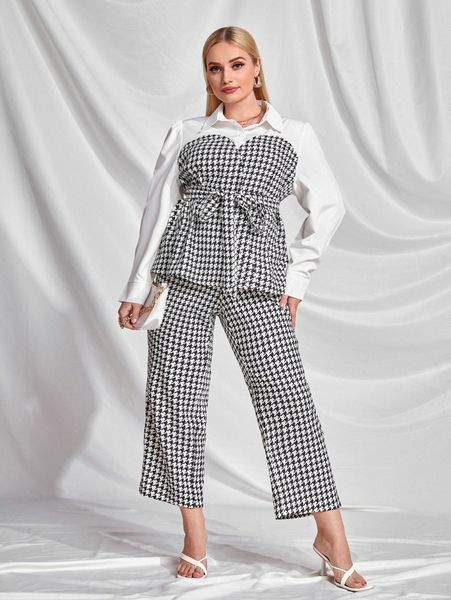 

plus belted 2 in 1 blouse & houndstooth pants v05n#, Black