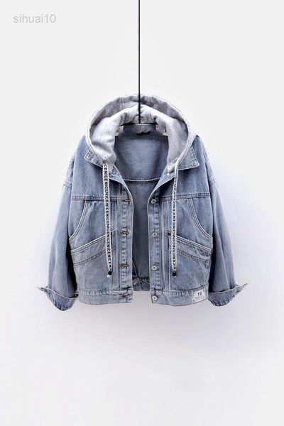 Frauen Denim Kurze Jacke Weibliche Übergroße Oberbekleidung Lose Kurze Bf Mit Kapuze Jeans Jacke Große Tasche Tops Frauen Jeans Frühling Herbst L220725