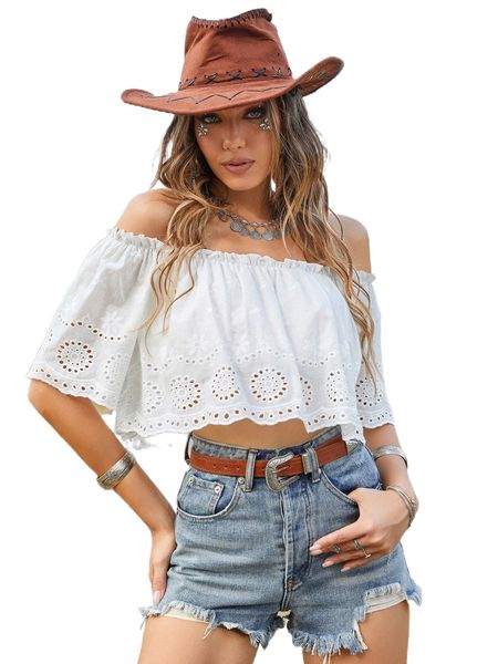 

eyelet embroidery off shoulder frill trim crop blouse g6vr#, White