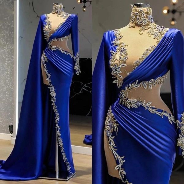 

royal blue satin prom dresses with lace 2022 high neck front split african aso ebi party birthday gown mermaid evening dress, Black;red