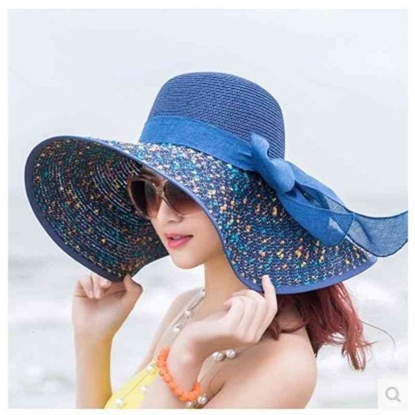 

hats han chao women's summer sun big edge straw beach outdoor, Blue;gray