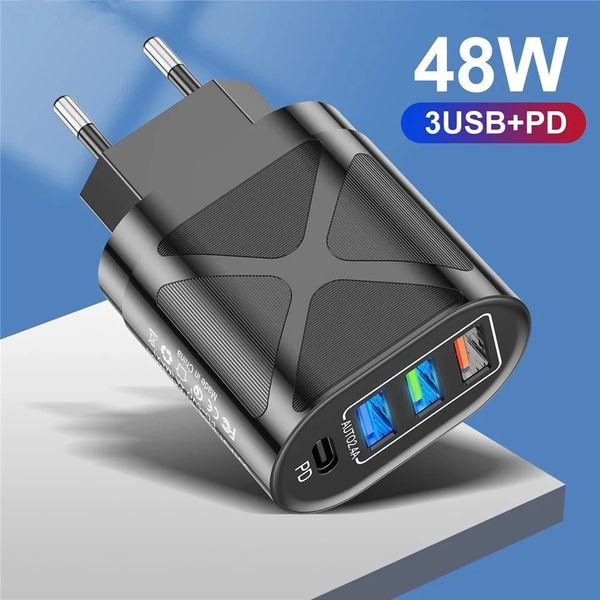 Caricabatterie rapido USB PD 48W Tipo C per iPhone Samsung Xiaomi Huawei Caricabatterie per cellulare 3 porte EU US UK Plug Adapter Travel