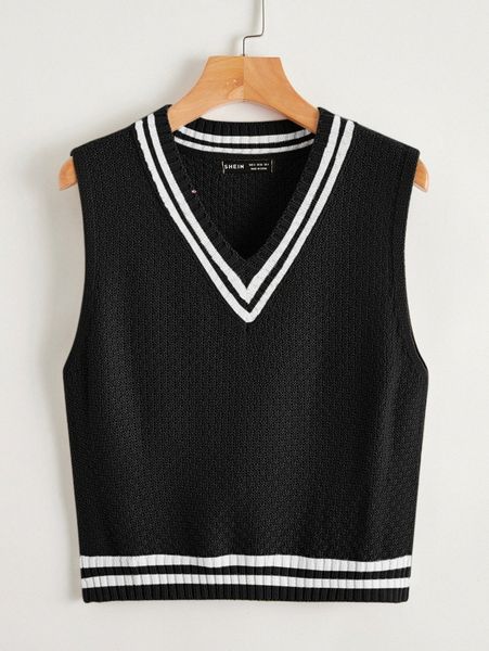 

plus striped pattern sweater vest 50uz#, Black