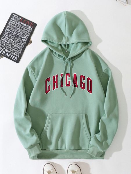 

men letter graphic kangaroo pocket drawstring thermal hoodie 653s#, Black