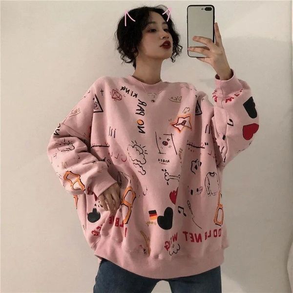 Frauen Hoodie Koreanische Adrette Nette Cartoon Druck Oansatz Großen hof Freizeit Cartoon Lose Pullover Mit Kapuze Sweatershirt