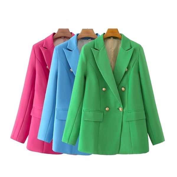 

traf women fashion double breasted candy color blazer coat vintage long sleeve flap pockets female outerwear chic veste 220705, White;black
