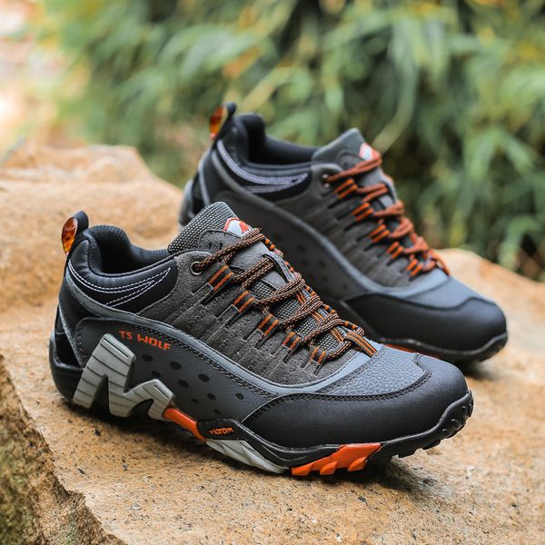 

outdoor genuine leather trekking shoes couple men hiking waterproof non slip climbing camping sneakers 220811, Black