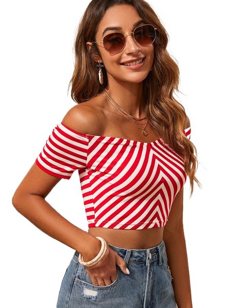 

striped print off shoulder crop tee w488#, White